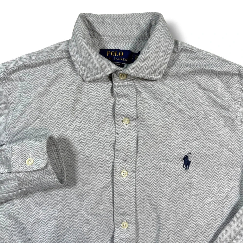 Polo Ralph Lauren Knit Dress Shirt Mens S Grey Herringbone Long Sleeve Cotton